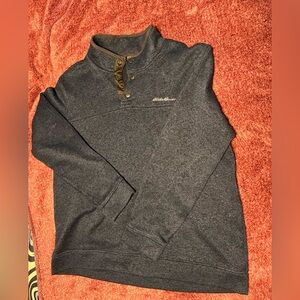 Quarter button pull over sweater. Navy and blue knit. Good for layering. XXL
